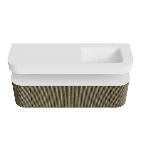 MONDIAZ THOR 150cm meuble de salle de bains arrondi gauche + droite couleur Shadow avec 1 tiroir et 2 portes. Vasque suspendue CLOUD Droite sans trou de robinet couleur Talc. SW1464488