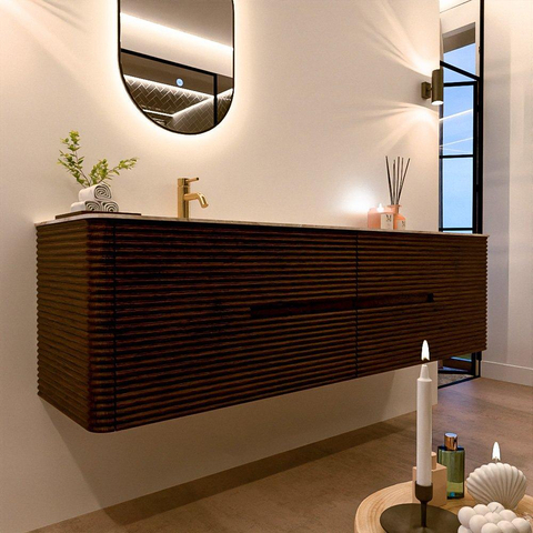 Mondiaz CIRO-DLUX Badkamermeubelset - 180x45x50cm - Solid surface wastafel Frappe - 1 wasbak Links - 1 kraangat - 4 lades - Walnut SW1530213