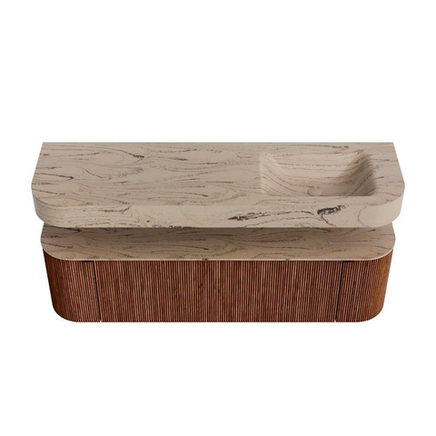 MONDIAZ THOR-DLUX 160cm meuble de salle de bains arrondi gauche + droite couleur Ruby avec 1 tiroir et 2 portes. Vasque suspendue CLOUD Droite 1 trou de robinet couleur Arena. SW1465136