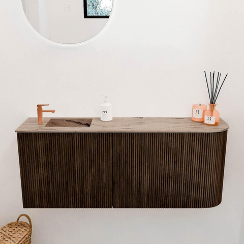 Mondiaz JOYA-DLUX Meuble de salle de bains - 101.6cm - arrondi droit couleur Walnut - Vasque FAYE position Gauche 1 trou de robinet couleur Arena SW1424374