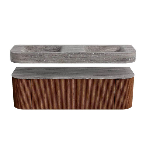 MONDIAZ THOR-DLUX 150cm meuble de salle de bains arrondi gauche + droite couleur Ruby avec 1 tiroir et 2 portes. Vasque suspendue CLOUD Double sans trou de robinet couleur Oza. SW1464857