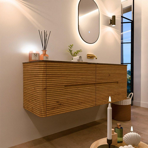 Mondiaz CIRO-DLUX Badkamermeubelset - 140x45x50cm - Solid surface wastafel Sombra - 1 wasbak Rechts - zonder kraangaten - 4 lades - Oak SW1531251