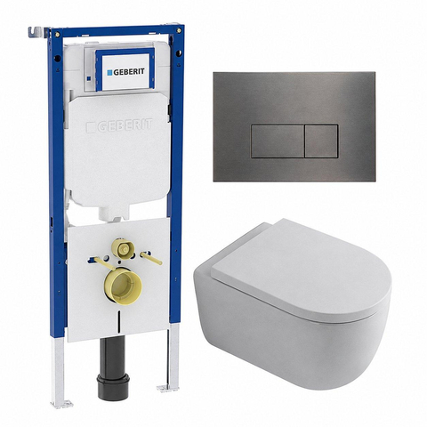 QeramiQ Dely Swirl Toiletset - 36.3x51.7cm - Geberit UP720 Duofix Sigma inbouwreservoir - 35mm zitting - gunmetal bedieningsplaat - rechthoekige knoppen - glans wit SW1413877