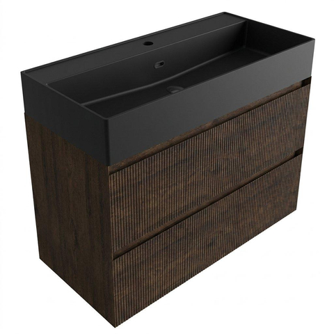 Saniclass Holz Atelier Badkamermeubelset - 100x45x72cm - Legend keramische wastafel mat zwart - 1 wasbak - zonder kraangat - 2 lades - mat eiken charcoal (hout) SW1579628