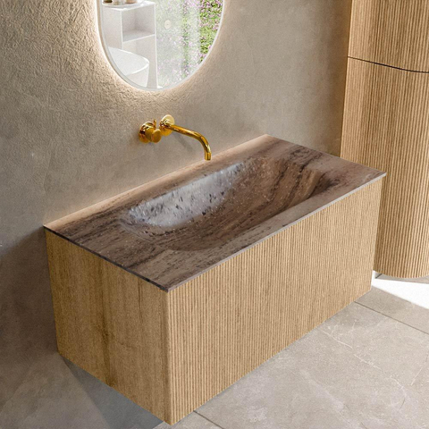 MONDIAZ KURVE-DLUX Meuble de salle de bains 90cm couleur Oak avec 1 tiroir et 0 porte. Lavabo BIG SMALL Milieu sans trou de robinet Oza. SW1432630