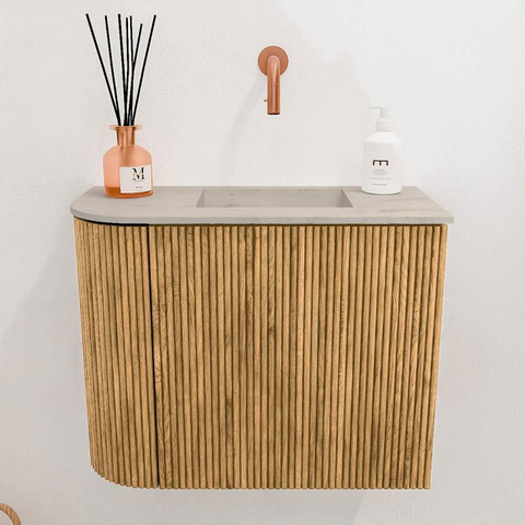 Mondiaz JOYA-DLUX 51.6cm toiletmeubel - ronding links kleur Oak - Wastafel FAYE positie Rechts Zonder kraangat kleur Opalo. SW1422156