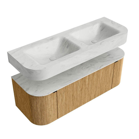 MONDIAZ THOR-DLUX 130cm badmeubel ronding links + rechts kleur Oak met 1 lade en 2 deuren. Vrijhangende wastafel CLOUD Dubbel zonder kraangat kleur Opalo. SW1463533