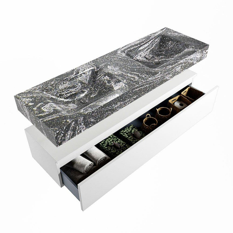 Mondiaz ALAN-DLUX Ensemble de meuble - 150cm - meuble Talc mat - 1 tiroir - Lavabo Cloud Lava suspendu - vasque Gauche et droite - 2 trous de robinet SW808007