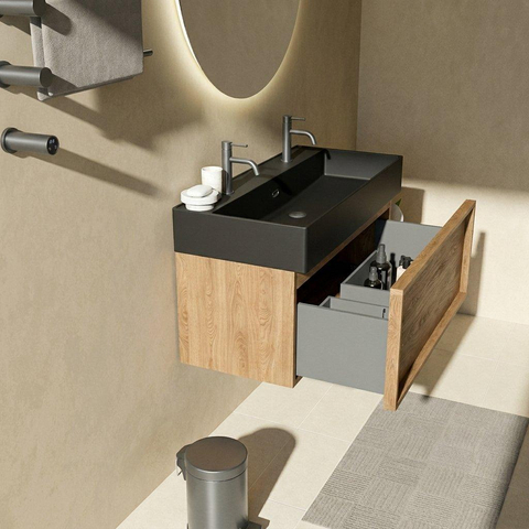 Saniclass Holz Frame Badkamermeubelset - 100x45x52cm - Legend keramische wastafel mat zwart - 1 wasbak - 2 kraangaten - 1 lade - mat eiken natural (hout) SW1579692