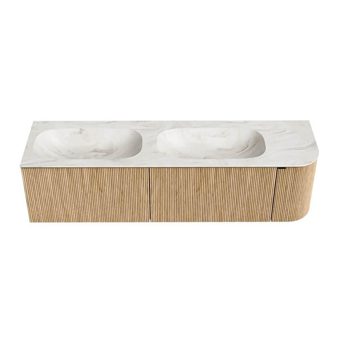 MONDIAZ KURVE-DLUX meuble de salle de bains 165cm avec module 25 R couleur chêne avec 2 tiroirs et 1 porte. Lavabo STOR SMALL double / gauche sans trou de robinet couleur Ostra. SW1137786