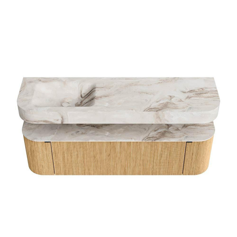 MONDIAZ THOR-DLUX 160cm badmeubel ronding links + rechts kleur Oak met 1 lade en 2 deuren. Vrijhangende wastafel CLOUD Links 1 kraangat kleur Frappe. SW1464943