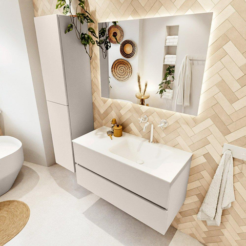 MONDIAZ VICA Ensemble meuble de salle de bains - 100cm - sous-meuble linen - 2 tiroirs - lavabo cloud à droite - 1 trou de robinet - version haute 60cm - talc SW1084098