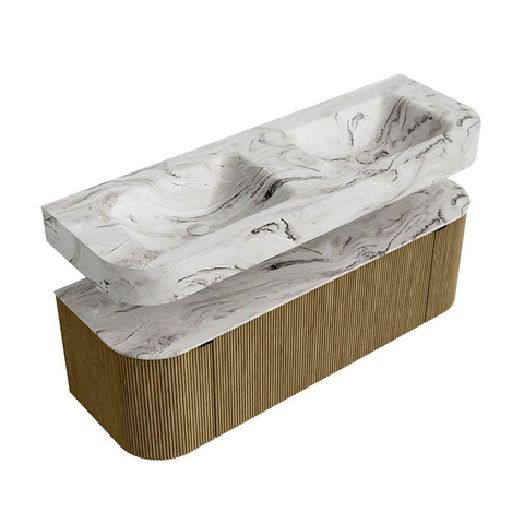 MONDIAZ THOR-DLUX Meuble de salle de bains 140cm arrondi gauche + droite couleur Dusk avec 1 tiroir et 2 portes. Vasque suspendue CLOUD Double 2 trous de robinet couleur Glace. SW1467663