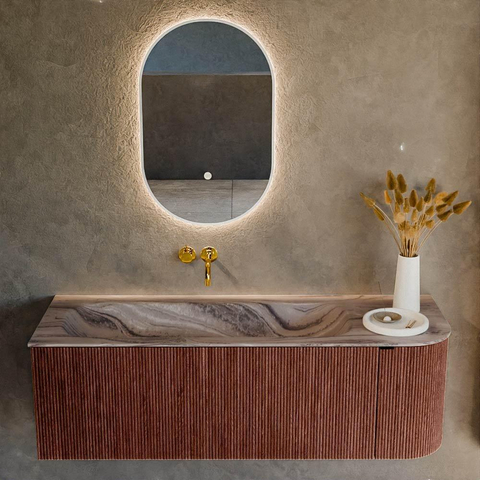 MONDIAZ KURVE-DLUX Meuble de salle de bains 135cm arrondi à droite couleur Ruby avec 1 tiroir et 1 porte. Lavabo BIG MEDIUM à gauche sans trou de robinet Sombra. SW1433963