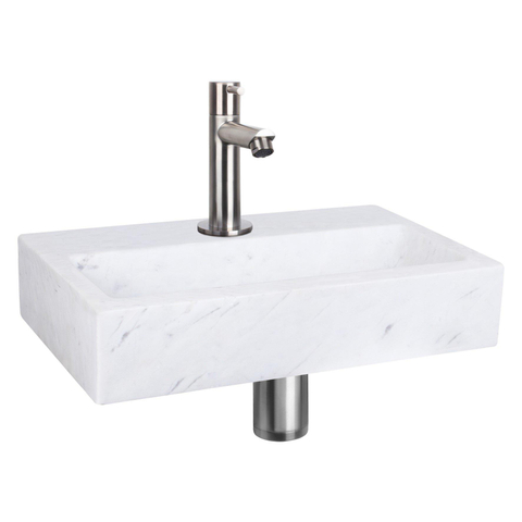 Differnz Flat Set lave-mains 38x24x8cm 1 trou avec robinet droit et siphon + bonde chrome mat Rectangulaire Marbre Blanc SW373136