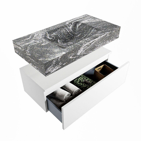 Mondiaz ALAN-DLUX Ensemble de meuble - 90cm - meuble Talc mat - 1 tiroir - Lavabo Cloud Lava suspendu - vasque Centre - 1 trou de robinet SW807918