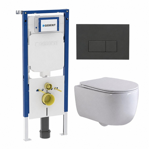 QeramiQ Dely Swirl Toiletset - 36.3x51.7cm - Geberit UP720 Duofix Sigma inbouwreservoir - slimzitting - bedieningsplaat antraciet mat - rechthoekige knoppen - mat wit SW1413190