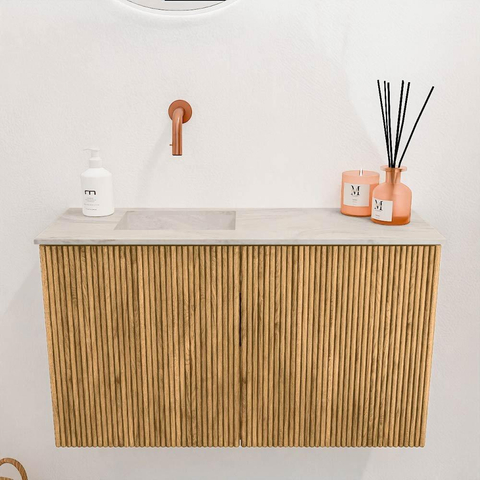Mondiaz JOYA-DLUX 70cm toiletmeubel - kleur Oak - Wastafel FAYE positie Links Zonder kraangat kleur Ostra. SW1422226