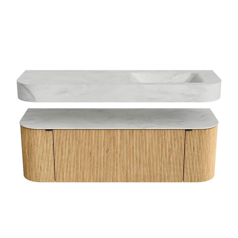 MONDIAZ THOR-DLUX 140cm meuble de salle de bains arrondi gauche + droite couleur Oak avec 1 tiroir et 2 portes. Vasque suspendue CLOUD droite sans trou de robinet couleur Opalo. SW1463955