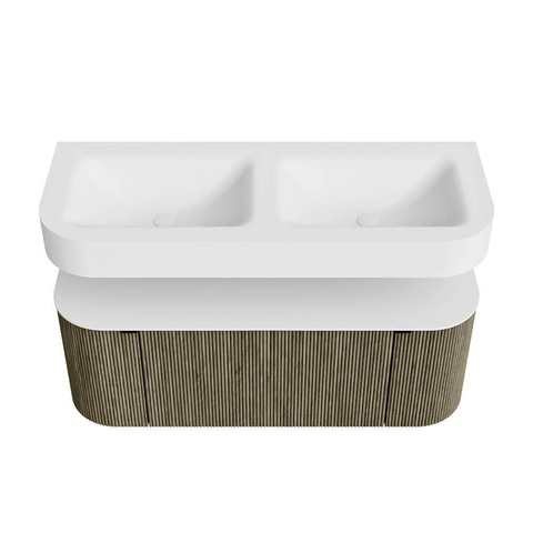 MONDIAZ THOR 120cm meuble de salle de bains arrondi gauche + droite couleur Shadow avec 1 tiroir et 2 portes. Vasque suspendue CLOUD Double 2 trous de robinet couleur Talc. SW1463145