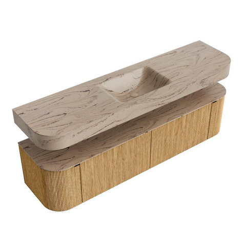 MONDIAZ THOR-DLUX 180cm badmeubel ronding links + rechts kleur Oak met 2 lades en 2 deuren. Vrijhangende wastafel CLOUD Midden 1 kraangat kleur Arena. SW1466104