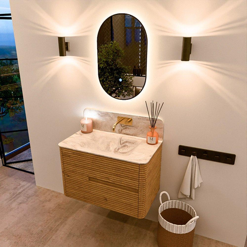 Mondiaz CIRO-DLUX Badkamermeubelset - 80x45x50cm - Solid surface wastafel Frappe - 1 wasbak Midden - zonder kraangaten - 2 lades - Oak SW1530792