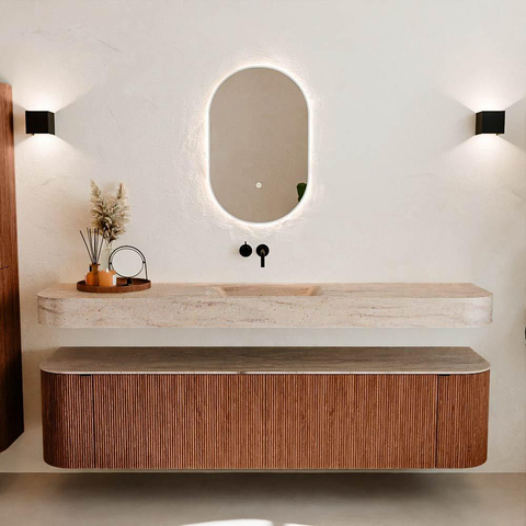 MONDIAZ THOR-DLUX Meuble de salle de bains - 190cm - arrondi gauche + droite - couleur Ruby - 2 tiroirs et 2 portes - Vasque suspendue CLOUD Milieu sans trou de robinet couleur Saba SW1466665