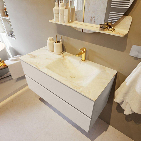 VICA-DLUX meuble sous lavabo 100cm Linen 2 tiroirs. Lavabo encastré CLOUD à droite 1 trou de robinet, couleur Frappe. SW902528