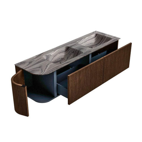 MONDIAZ KURVE-DLUX 155cm badmeubel ronding Links kleur Walnut met 2 lades en 1 deur. Wastafel LEAF Dubbel / Rechts 2 kraangaten Sombra. SW1433700