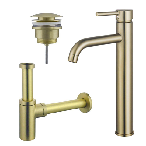 Fortifura Calvi Wastafelkraanset - verhoogde wastafelkraan - klikwaste plug - design - sifon - PVD - geborsteld messing (goud) SW915280