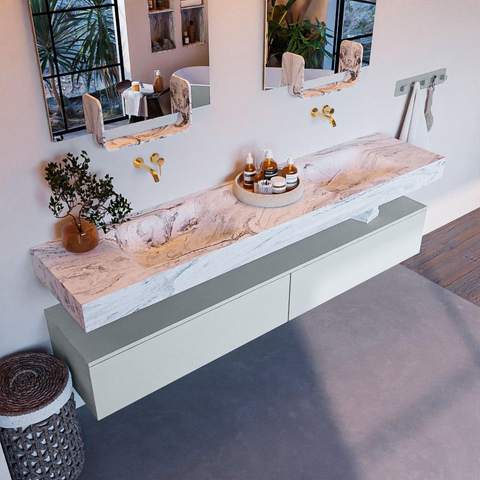 Mondiaz ALAN-DLUX Ensemble de meuble - 200cm - meuble Clay mat - 2 tiroirs - Lavabo Cloud Glace suspendu - vasque Gauche et droite - 0 trous de robinet SW806088