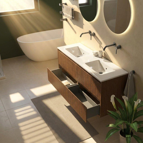 Saniclass Holz Atelier Ensemble meuble de salle de bains - 140x45x62cm - lavabo Vygo en céramique blanc - 2 vasques - sans trous de robinet - 4 tiroirs - brillant walnut pure (bois) SW1437739