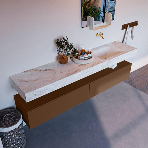 Mondiaz ALAN-DLUX Ensemble de meuble - 200cm - meuble Rust mat - 2 tiroirs - Lavabo Cloud Frappe suspendu - vasque Droite - 0 trous de robinet SW805325