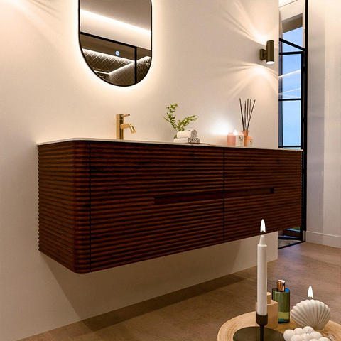 Mondiaz CIRO-DLUX Badkamermeubelset - 160x45x50cm - Solid surface wastafel Ostra - 1 wasbak Links - 1 kraangat - 4 lades - Ruby SW1531853