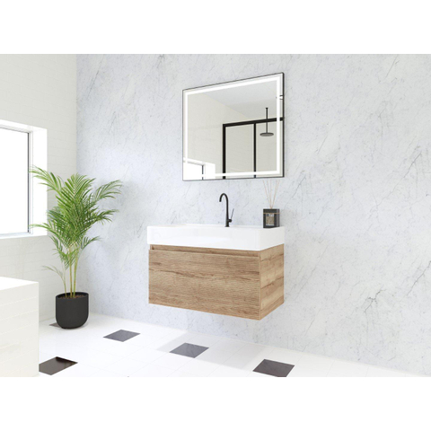 H&R Badmeubelen Matrix 3D badkamermeubelset 80cm 1 lade greeploos met greeplijst in kleur French oak met wasbak kube 1 kraangat wit SW857045