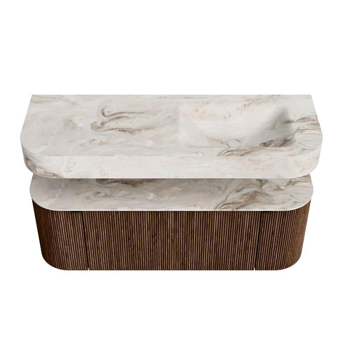 MONDIAZ THOR-DLUX 130cm meuble de salle de bains arrondi gauche + droite couleur Walnut avec 1 tiroir et 2 portes. Vasque suspendue CLOUD Droite sans trou de robinet couleur Frappe. SW1463573