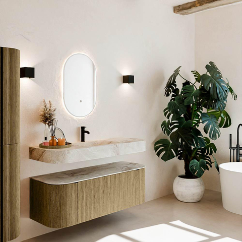 MONDIAZ THOR-DLUX 130cm meuble de salle de bains arrondi gauche + droite couleur Dusk avec 1 tiroir et 2 portes. Vasque suspendue CLOUD Milieu 1 trou de robinet couleur Frappe. SW1463628