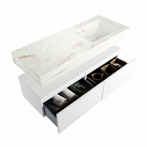 Mondiaz ALAN-DLUX Ensemble de meuble - 120cm - meuble Talc mat - 2 tiroirs - Lavabo Cloud Frappe suspendu - vasque Droite - 1 trou de robinet SW804697