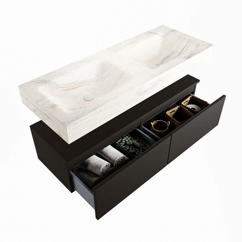 Mondiaz ALAN-DLUX Ensemble de meuble - 120cm - meuble Urban mat - 2 tiroirs - Lavabo Cloud Ostra suspendu - vasque gauche et droite - 0 trous de robinet SW807375