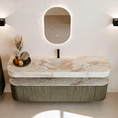 MONDIAZ THOR-DLUX 180cm meuble de salle de bains arrondi gauche + droite couleur Shadow avec 2 tiroirs et 2 portes. Vasque suspendue CLOUD Milieu 1 trou de robinet couleur Frappe. SW1466070
