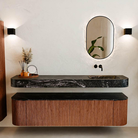 MONDIAZ THOR-DLUX 180cm meuble de salle de bains arrondi gauche + droite couleur Ruby avec 2 tiroirs et 2 portes. Vasque suspendue CLOUD Droite sans trou de robinet couleur Lava. SW1466061