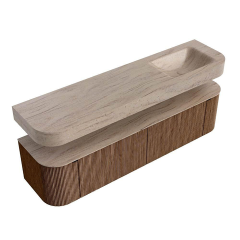 MONDIAZ THOR-DLUX 180cm meuble de salle de bains arrondi gauche + droite couleur Walnut avec 2 tiroirs et 2 portes. Vasque suspendue CLOUD droite sans trou de robinet couleur Saba. SW1466323