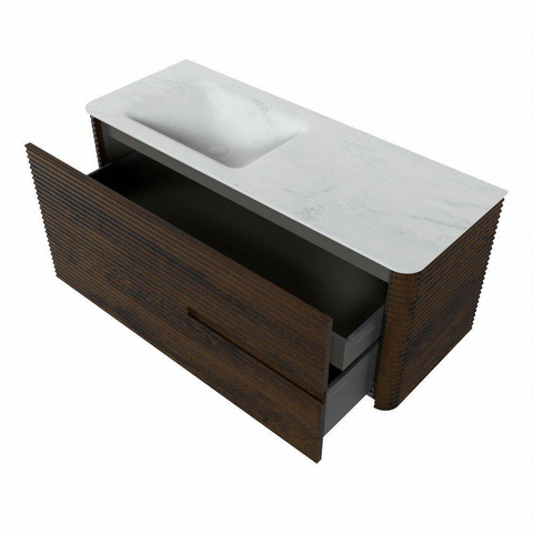 Mondiaz CIRO-DLUX Ensemble de meuble de salle de bains - 120x45x50cm - Vasque solid surface Opalo - 1 bassin à gauche - 1 trou de robinet - 2 tiroirs - Noyer SW1530508