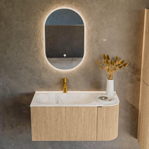 MONDIAZ KURVE-DLUX meuble de salle de bains 95cm avec module 25 R couleur chêne avec 1 tiroir et 1 porte. Lavabo BIG SMALL gauche 1 trou de robinet couleur Frappe. SW1137336