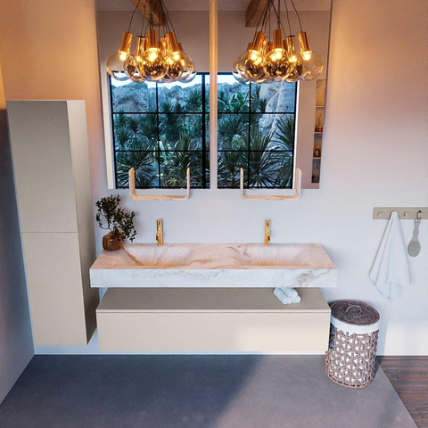 Mondiaz ALAN-DLUX Ensemble de meuble - 150cm - meuble Linen mat - 1 tiroir - Lavabo Cloud Frappe suspendu - vasque Gauche et droite - 2 trous de robinet SW805574