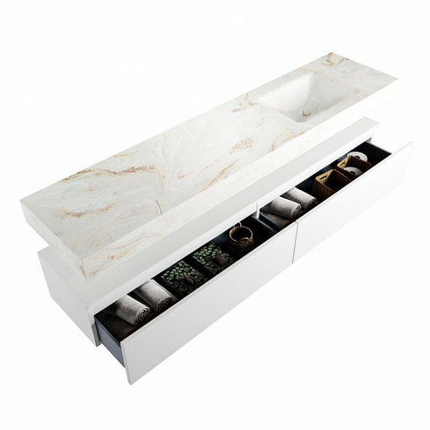 Mondiaz ALAN-DLUX Ensemble de meuble - 200cm - meuble Talc mat - 2 tiroirs - Lavabo Cloud Frappe suspendu - vasque Droite - 0 trous de robinet SW805317