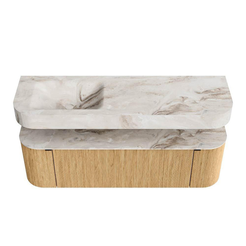 MONDIAZ THOR-DLUX 150cm badmeubel ronding links + rechts kleur Oak met 1 lade en 2 deuren. Vrijhangende wastafel CLOUD Links zonder kraangat kleur Frappe. SW1464585