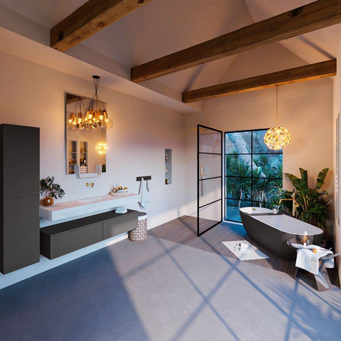 Mondiaz ALAN-DLUX Ensemble de meuble - 150cm - meuble Dark grey mat - 2 tiroirs - Lavabo Cloud Opalo suspendu - vasque Centre - 0 trous de robinet SW806438
