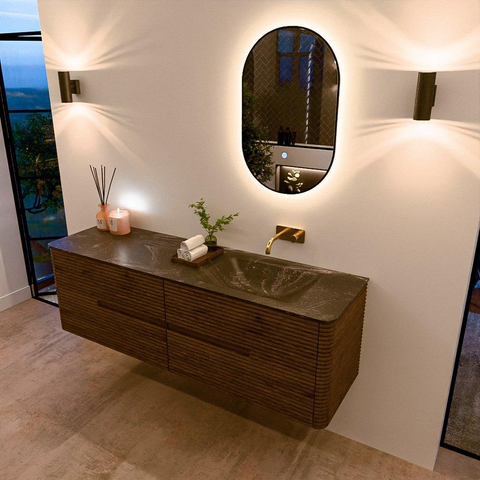 Mondiaz CIRO-DLUX Ensemble de meubles de salle de bains - 160x45x50cm - vasque Solid surface Lava - 1 vasque à droite - sans trous de robinet - 4 tiroirs - Dusk SW1532953