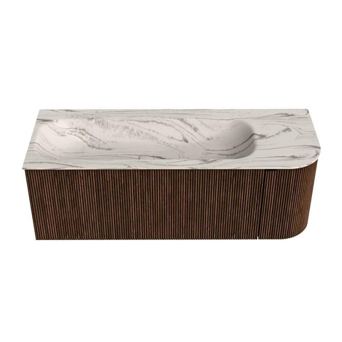 MONDIAZ KURVE-DLUX 125cm badmeubel ronding Rechts kleur Walnut met 1 lade en 1 deur. Wastafel BIG MEDIUM Links 1 kraangat Nata. SW1432198